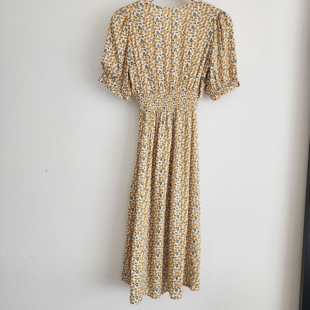 Elan Daisy Yellow Floral Crochet Trim Midi Dress Cottagecore Boho Smocked Small - Picture 9 of 12